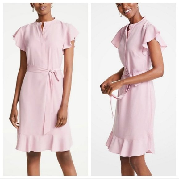 Ann Taylor Pink Nectar Flutter Ruffle Belted Shirt - Picture 1 of 8